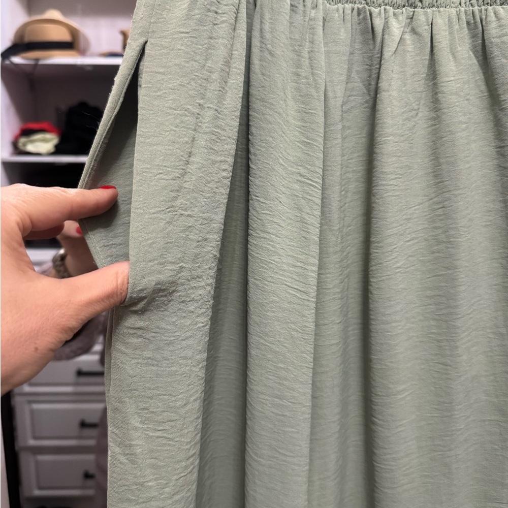 Sage Green Wide-Leg Jumpsuit with Smocked Bodice w/Pockets! - Picture 6 of 7